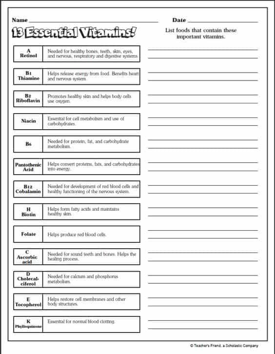 FREE Printable 13 Essential Vitamins Worksheet