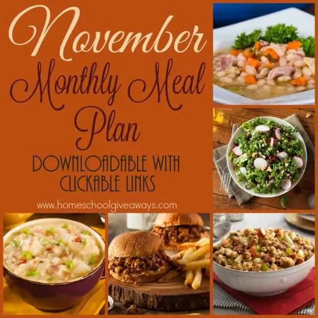 Thanksgiving is quickly approaching, but that doesn't mean you can't make meal plans! Check out this months meal plan with delicious soups, slow cooker recipes and more! :: www.homeschoolgiveaways.com
