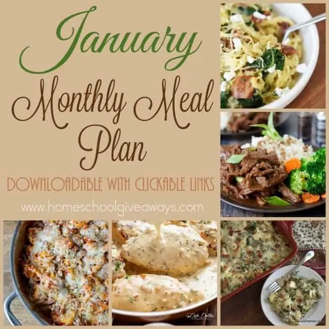 Start off the new year with a meal plan that will help reduce the stress of figuring out dinner every night. The meal plan is a downloadable PDF and has clickable links to recipes! :: www.homeschoolgiveaways.com