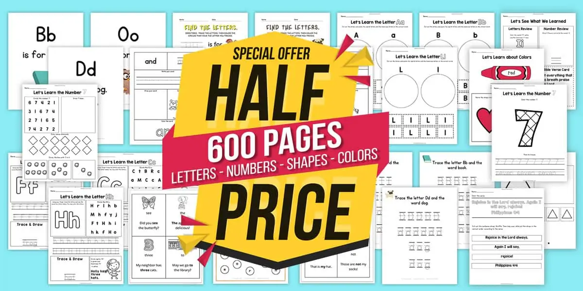 600 Pages Half Price text and background image collage of printable worksheets 