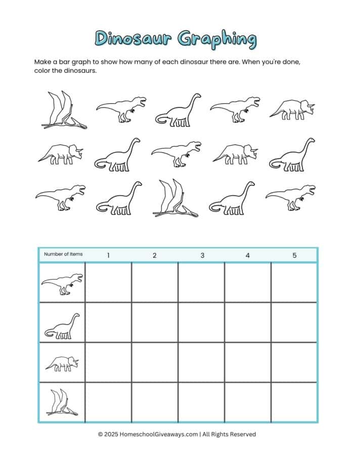dinosaur math graphing with 4 dinos to color