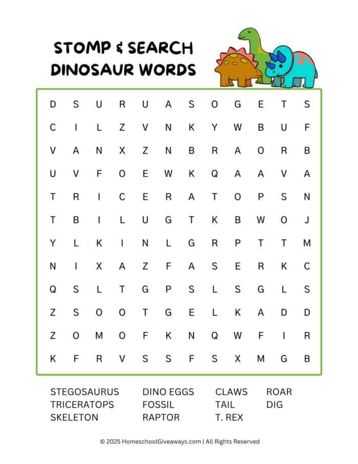 dinosaur word search with 11 words and 3 cute dinos
