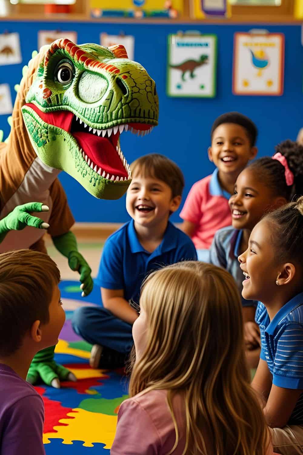 dinosaur activities with kids in a classroom smiling at a dinosaur