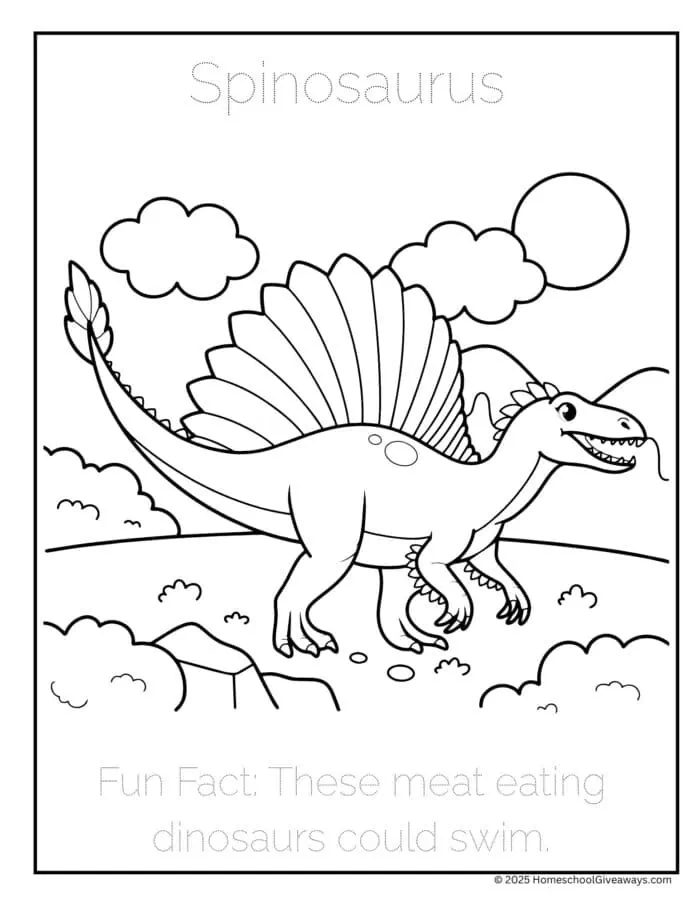 Spinosaurus-Coloring-Page with fun fact that they could swim