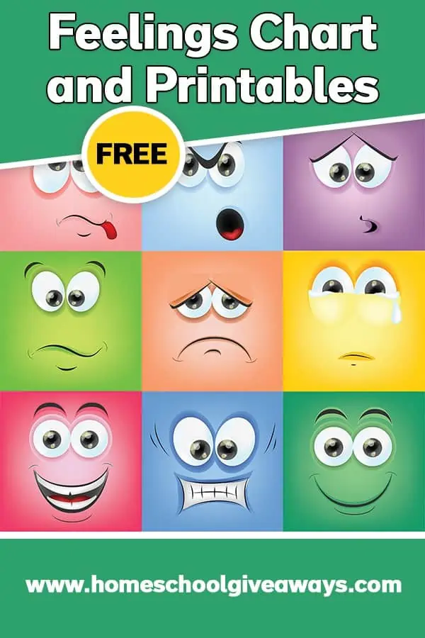 Feelings chart and printables with graphic of faces with different emotions