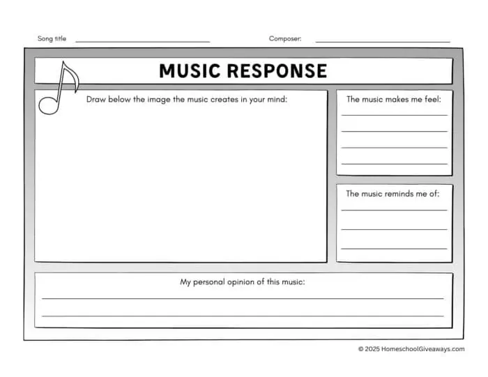 music response worksheet in gray tones