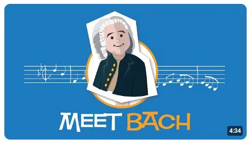 Johann Sebastian Bach video cover page with music staff with note and drawing of Bach