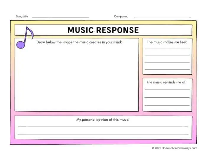 music response worksheet to use with any song - pink color
