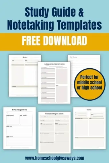 notetaking sheets on a colored background with text overlay Free Study Guide and Notetaking Templates