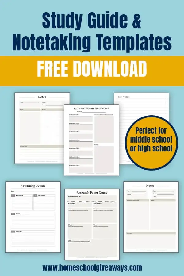 notetaking sheets on a colored background with text overlay Free Study Guide and Notetaking Templates