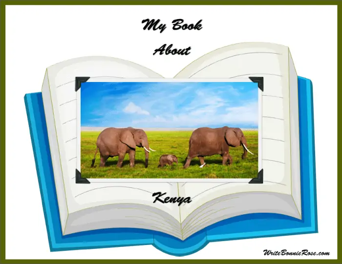 My Book About Kenya text with illustrated image of a cartoon book opened with a realistic picture of elephants inside of the book