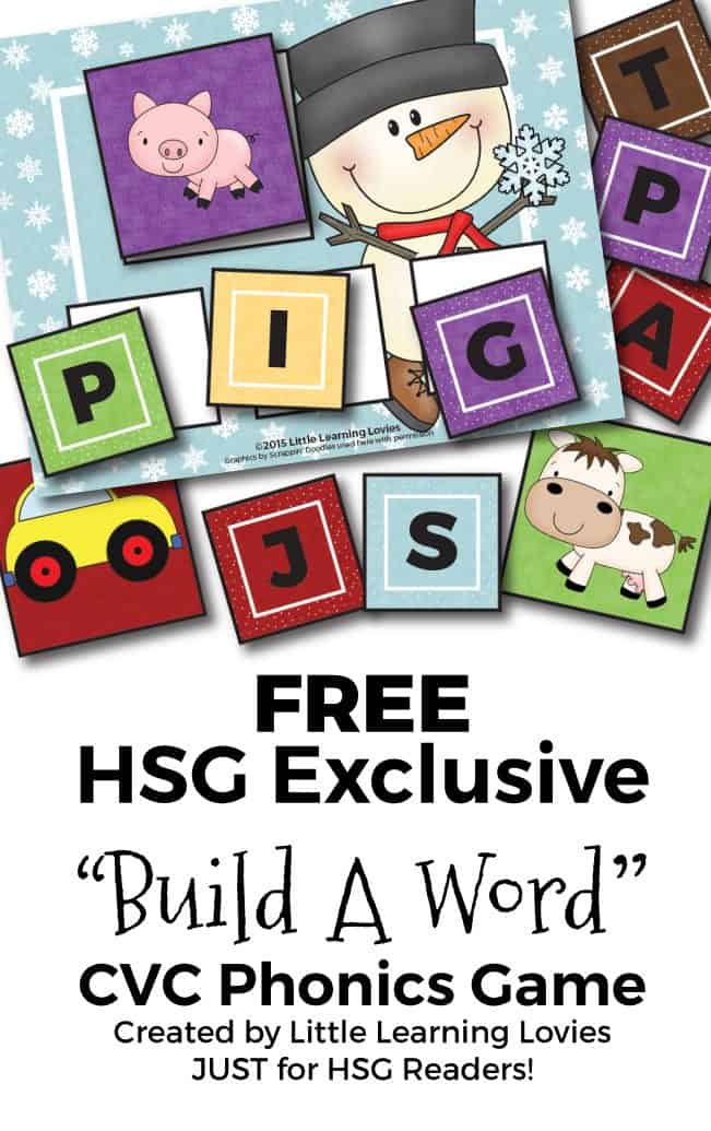 FREE Printable Phonics Game helps preschool, kindergarten and first grade children practice building CVC words.  Free from Homeschool Giveaways and Little Learning Lovies