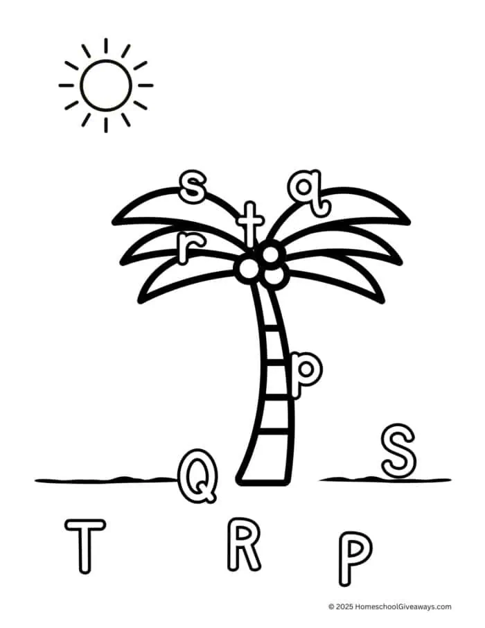 chicka chicka boom boom coloring pages with a coconut tree, sun and upper and lowercase letters