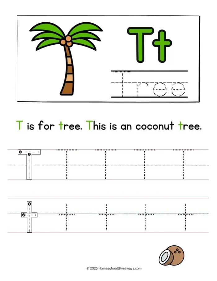T is for tree tracing worksheet includes a coconut tree and places to trace the letter t