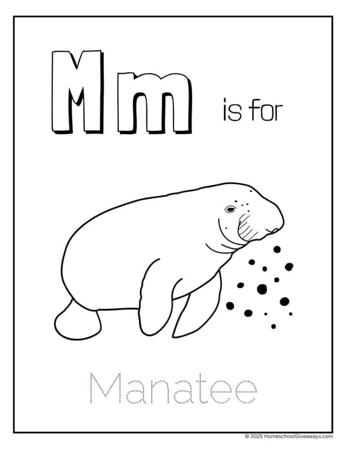 M is for Manatee coloring page with manatee to color and the word to trace