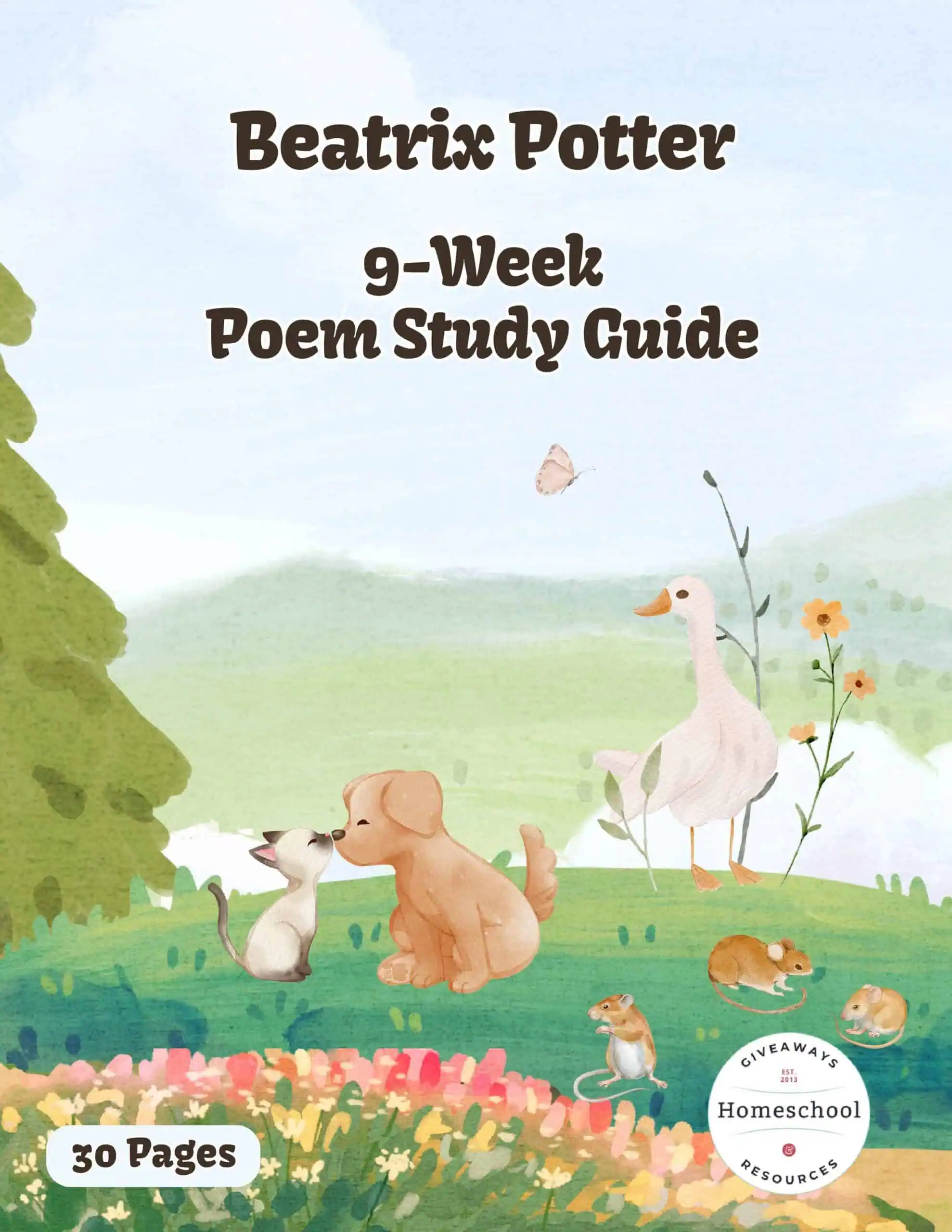 soft landscape scene with cat, dog, goose and mice