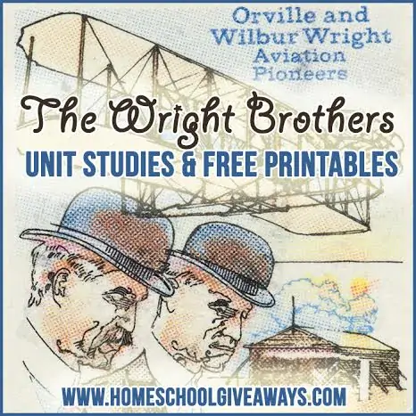 The Wright Brothers Unit Studies & Free Printables text and illustrated image background of the famous Wright brothers and their invention