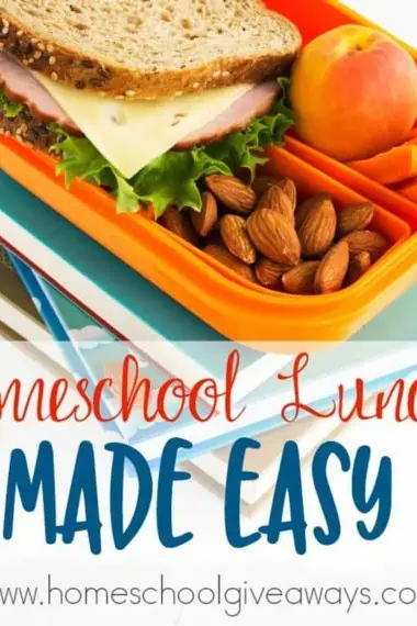 Somehow lunch seems to be the hardest meal for most homeschool moms. Here are some great tips, ideas and recipes to make homeschool lunches quick, easy and healthy! :: www.homeschoolgiveaways.com