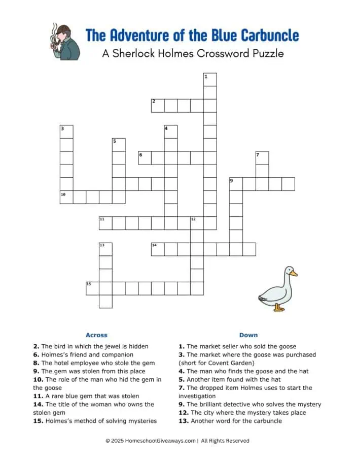 The Adventure of the Blue Carbuncle Sherlock Holmes crossword puzzle with image of sherlock and a goose
