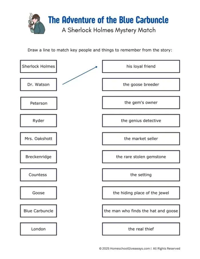 sherlock holmes book - Adventure of the Blue Carbuncle match worksheet