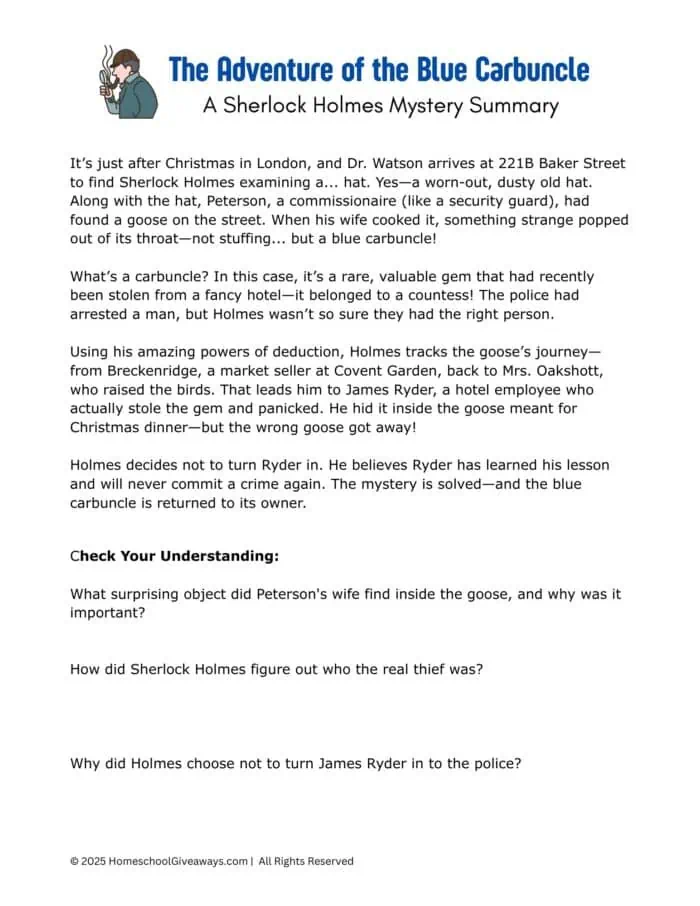 sherlock homes reading comprehension summary for The Adventure of the Blue Carbuncle with goose and sherlock images