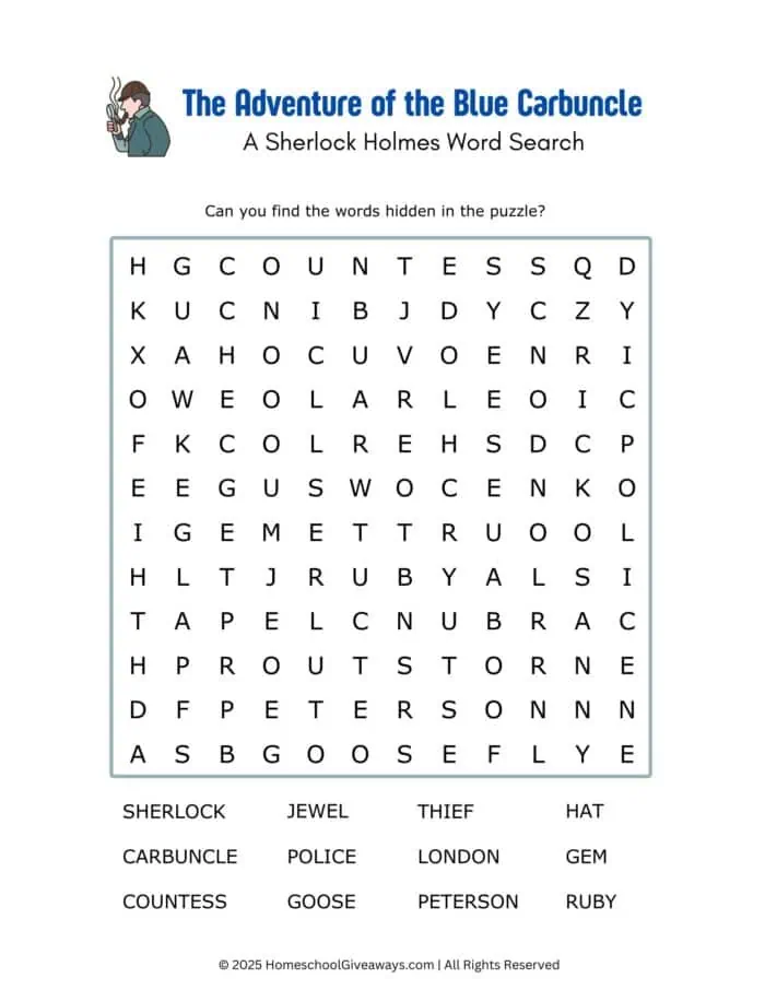The Adventure of the Blue Carbuncle Sherlock Holmes Word Search with image of sherlock