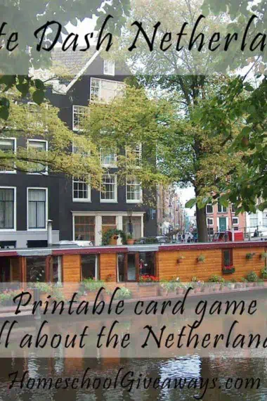 Date Dash Netherlands Printable Card Game All About the Netherlands text with image background of buildings in the Netherlands