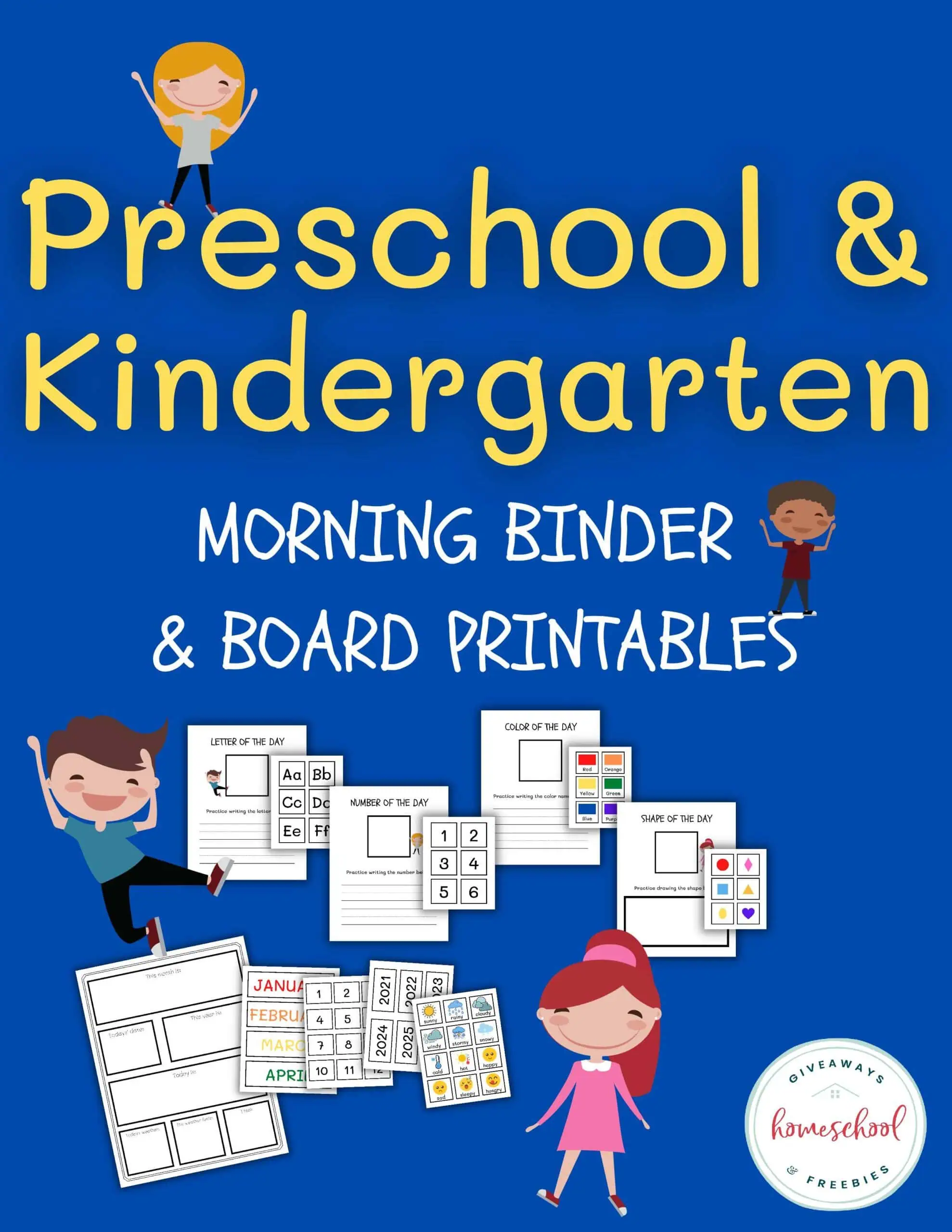 preschool & kindergarten morning binder with preview of pages and kids smiling