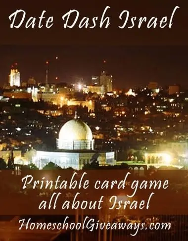 Date Dash Israel Printable Card Game All About Israel text with background image of Israel at night
