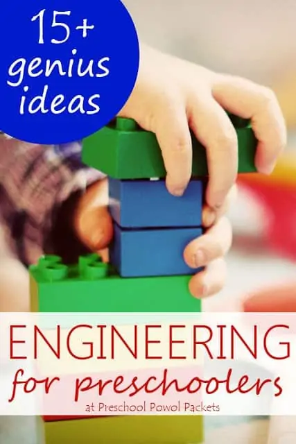 Engineering for Preschoolers text with image of hands stacking Lego blocks