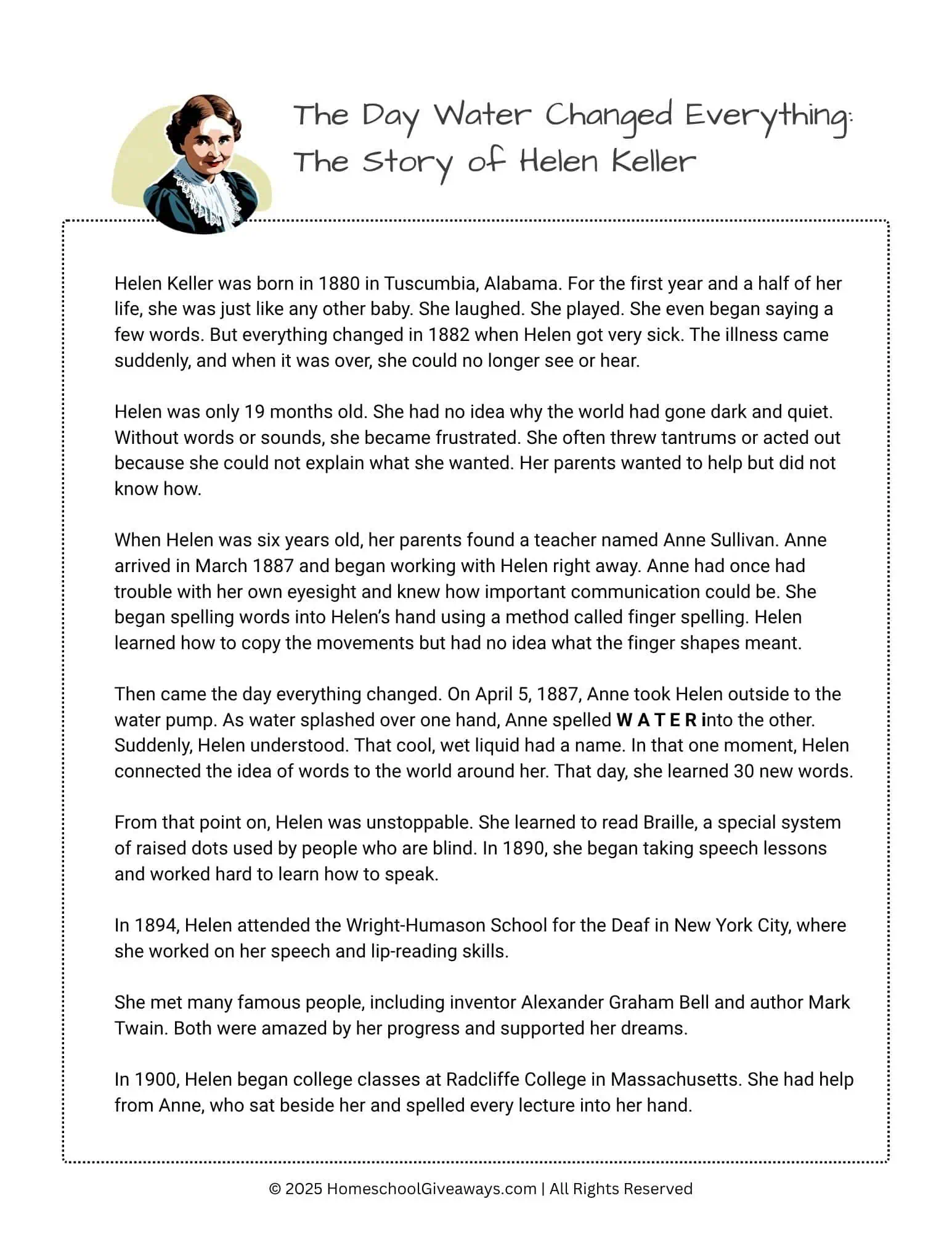 Story of Helen Keller will graphic of her