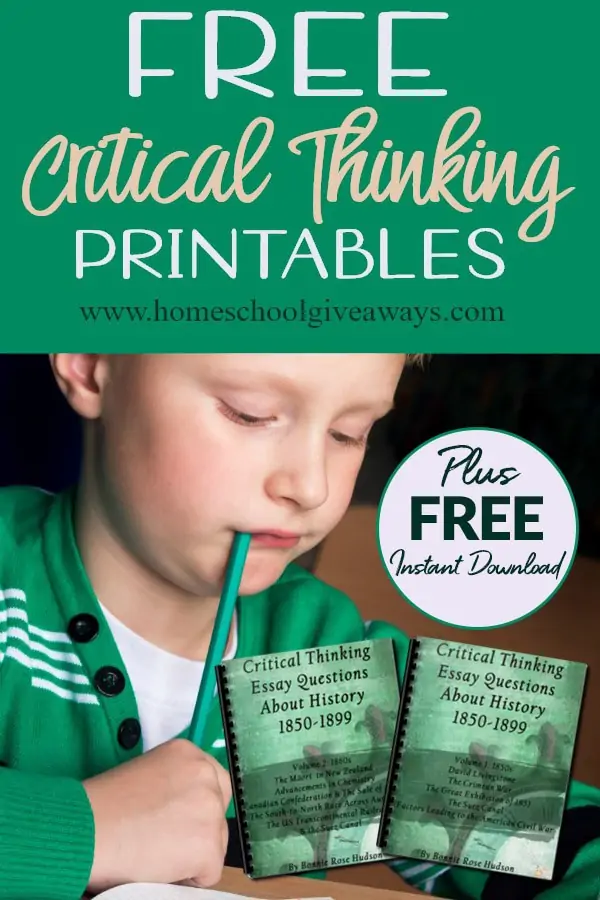 Free Critical Thinking Printables text with image of a boy sitting at a table and using a pencil