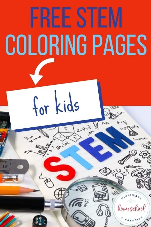 red, blue, and white images of STEM coloring pages with text overlay