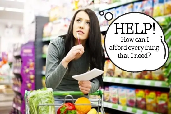 Help! How Can I Afford Everything That I Need? text with image of a woman grocery shopping and looking confused