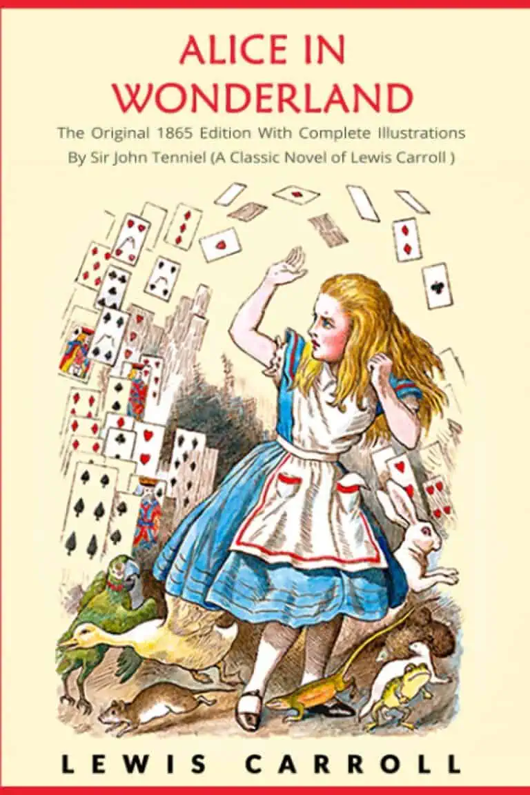 cover of alice in wonderland book with alice, a goose and playing cards in the air