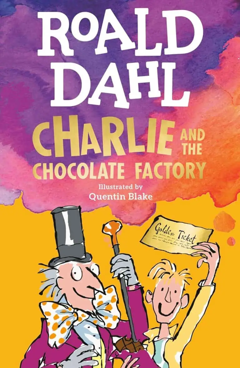 charlie with a golden ticket on cover of Charlie and the Chocolate Factory book cover