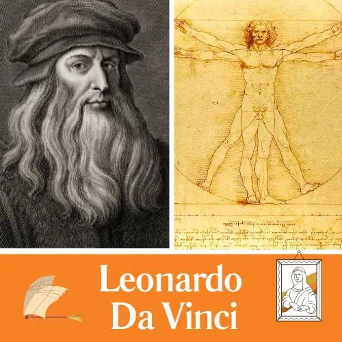 Drawing of Leonardo Da Vinci, his Vitruvian Man, his flying machine and Mona Lisa