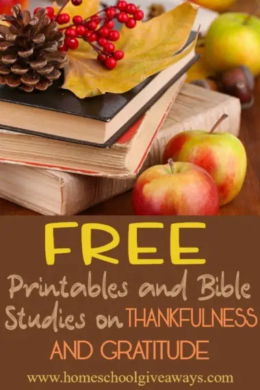 FREE Printables and Bible Studies on Thankfulness and Gratitude text wtih image of books stacked with apples and other fall decorations