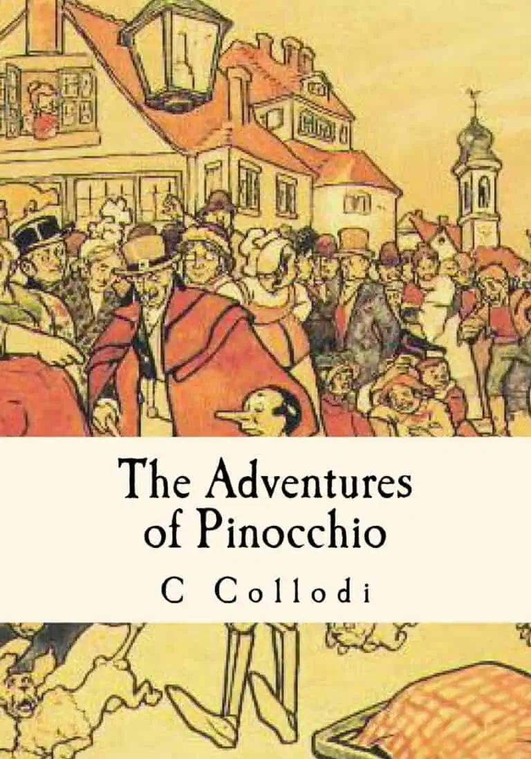 the adventures of pinocchio book cover with medieval town square with people and boy with long nose