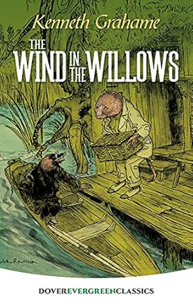 mole in a boat on a rive and rate holding a basket on the dock - cover of The Wind in the Willows book
