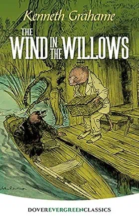 mole in a boat on a rive and rate holding a basket on the dock - cover of The Wind in the Willows book