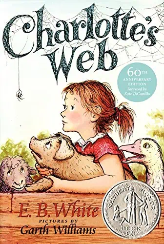 cover of Charlotte's Web book with little girl, pig, sheep, goose all looking at a spider