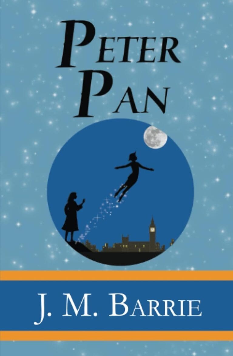 peter pan flying with girlon ground and moon in sky - cover of Peter Pan book