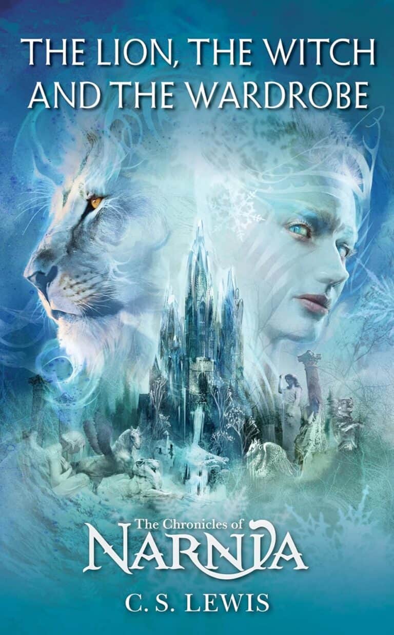 a lion and a witch facing opposite directions with her ice castle below - cover of the Lion, the Witch and the Wardrobe book