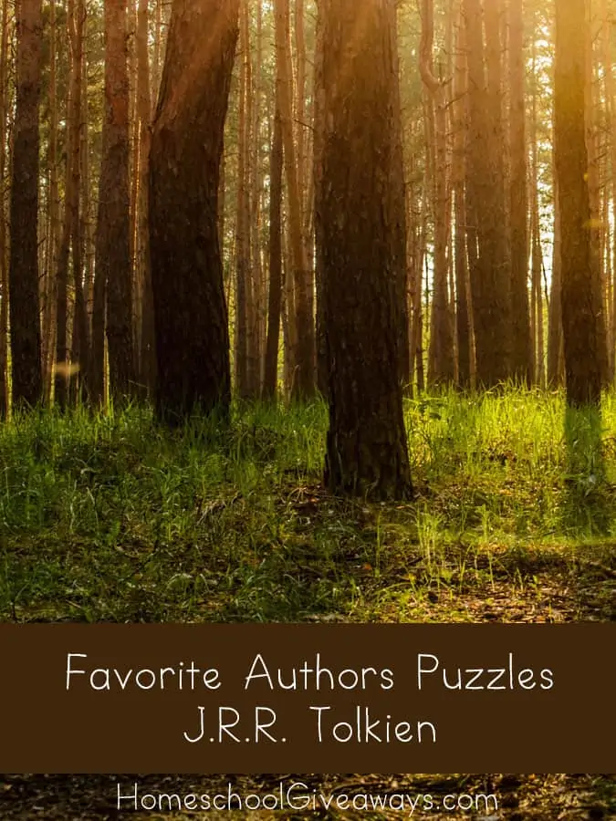 Favorite Authors Puzzles JRR Tolkien text with image background of tress in a forest