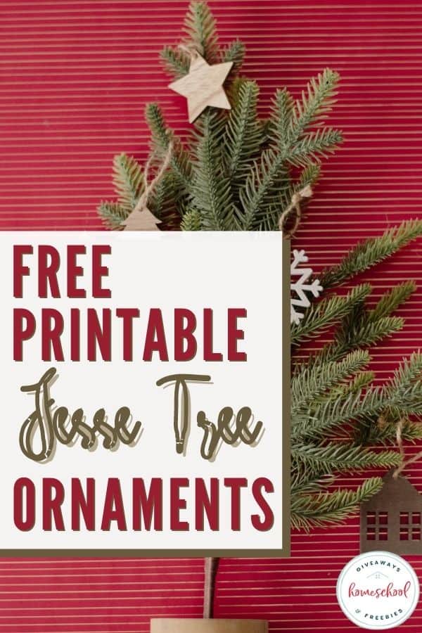 free printable jesse tree ornaments text overlay on a table top christmas tree.