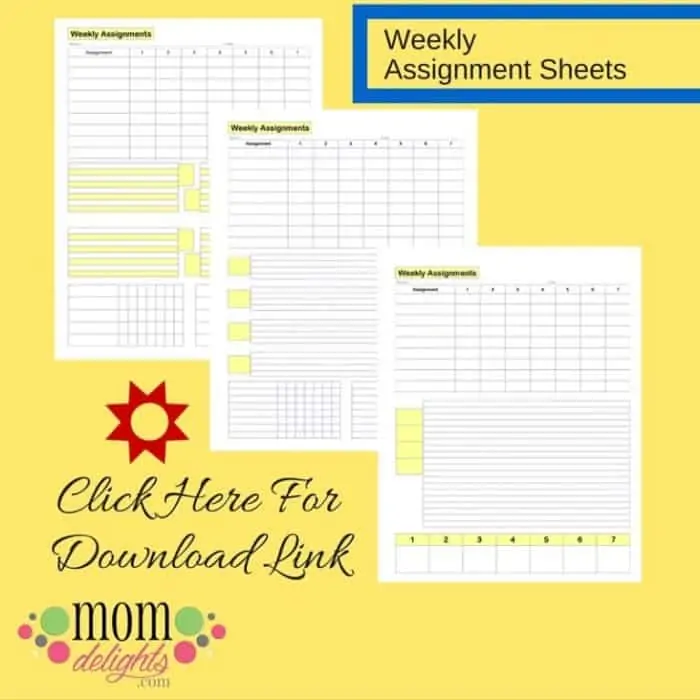 weekly assignment sheets click here for download link