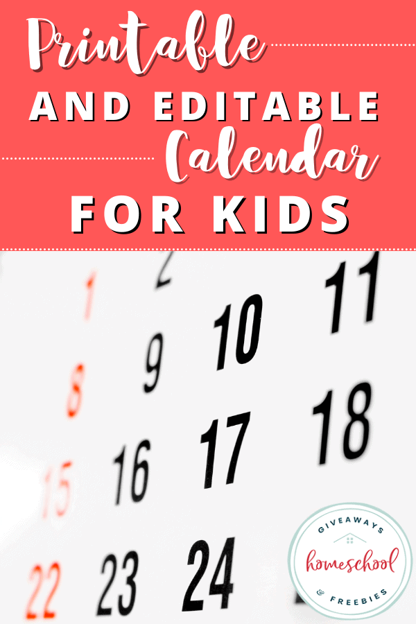 printable and editable calendar for kids