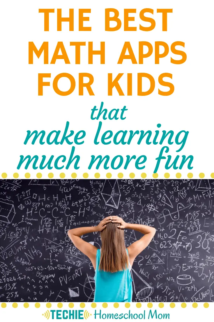 The Best Math Apps for Kids that Make Learning Much More Fun text with image of a kid holding their hands on their head staring at a large chalkboard with math equations written all over it