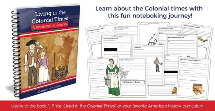 Living in the Colonial Times workbook cover and image examples of pages from the workbook